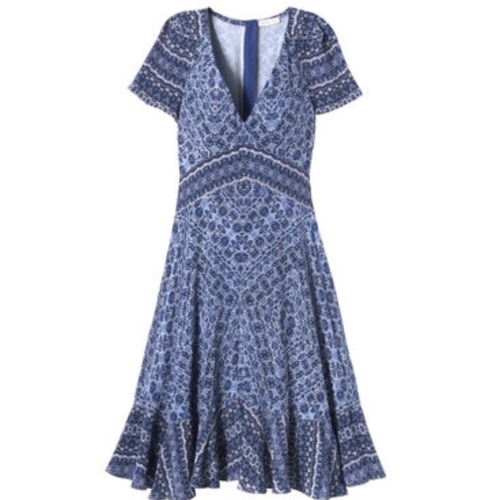 Blue Patterned V-Neck Dress